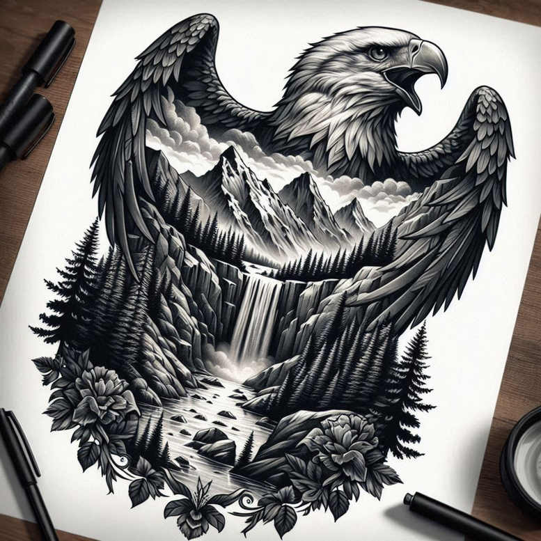 eagle – tattoo design ideas free ai generated – realism-light-and-shadow-play – for-hip – Gallery: eagles-inkby-ai
