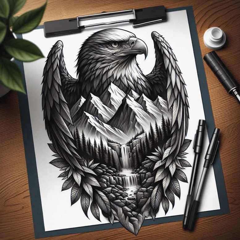 eagle-with-leaves – tattoo design ideas free ai generated – realism-studio-quality – for-shin – Gallery: eagles-inkby-ai