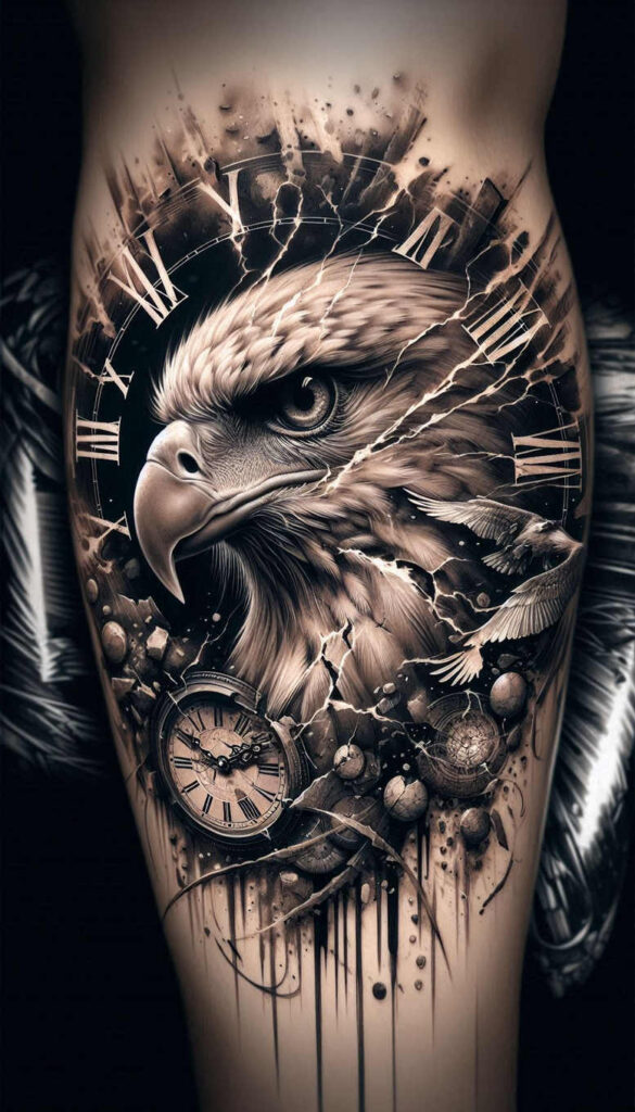 Black-and-grey realism tattoo featuring an eagle head inside a shattered circular clock with Roman numerals, birds in flight, and splattered ink—tattoo project idea, suitable for cover-up.