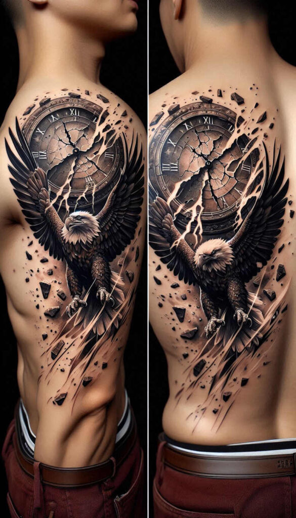 Back and shoulder tattoo in black and grey featuring a shattered clock with Roman numerals, an eagle with spread wings, shards, and motion lines; project; cover-up.