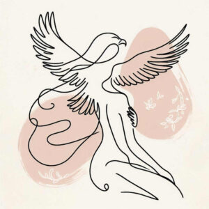 Black line drawing of a seated woman with wings, pink abstract shapes, and small floral motifs; tattoo design concept, not for cover-up.