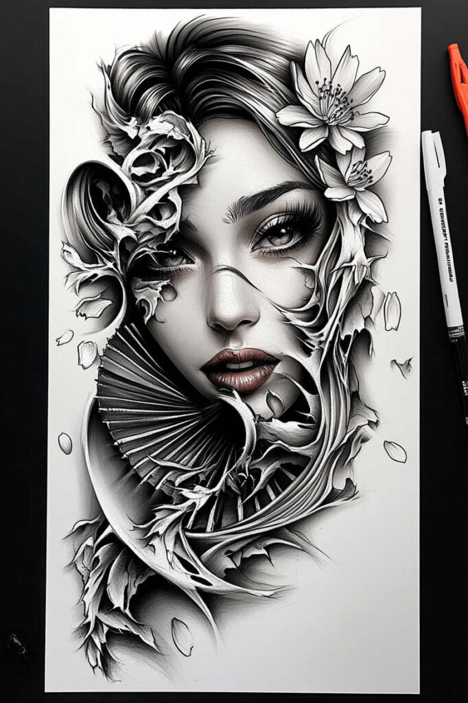3d-face – tattoo design ideas free ai generated – neotraditional-vintage-influence – for-knee – Gallery: faces-inkby-ai