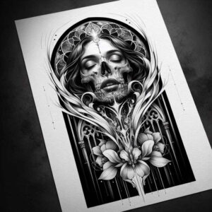 3d-face – tattoo design ideas free ai generated – surrealism-shimmering-forms – for-knee – Gallery: faces-inkby-ai