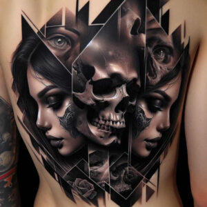 abstract-visage – tattoo design ideas free ai generated – neotraditional-balanced-color – for-hip – Gallery: faces-inkby-ai