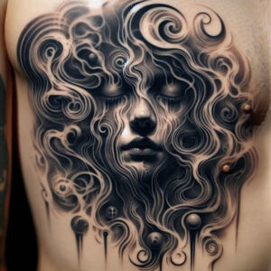 abstract-visage – tattoo design ideas free ai generated – neotraditional-bold-texture – for-arm – Gallery: faces-inkby-ai