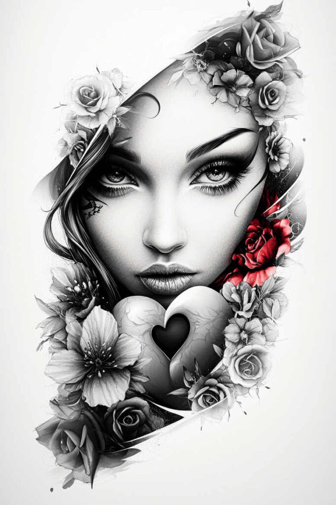 abstract-visage – tattoo design ideas free ai generated – neotraditional-refined-lines – for-upper-chest – Gallery: faces-inkby-ai