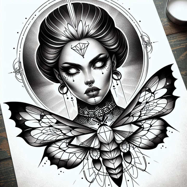 abstract-visage – tattoo design ideas free ai generated – realism-precise-gradient – for-spine – Gallery: faces-inkby-ai