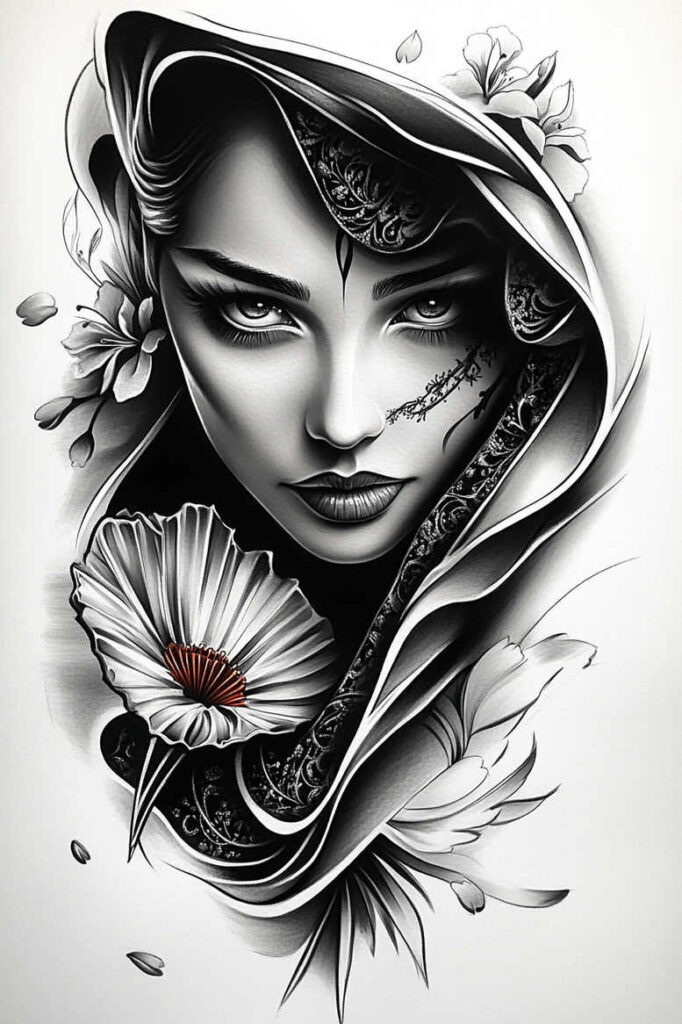 abstract-visage – tattoo design ideas free ai generated – realism-skin-texture – for-abdomen – Gallery: faces-inkby-ai