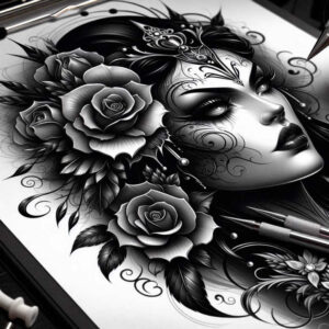 abstract-visage – tattoo design ideas free ai generated – surrealism-chromatic-flux – for-chest – Gallery: faces-inkby-ai