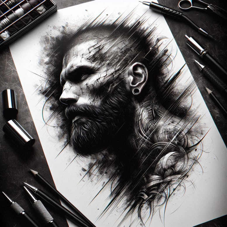 abstract-visage – tattoo design ideas free ai generated – surrealism-enigmatic-visuals – for-calf – Gallery: faces-inkby-ai