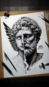 artistic-face – tattoo design ideas free ai generated – realism-deep-shadows – for-forearm – Gallery: faces-inkby-ai