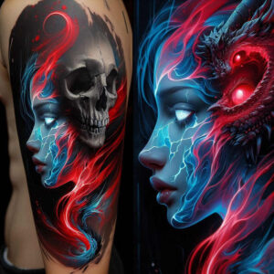 artistic-face – tattoo design ideas free ai generated – surrealism-phantasmagoria – for-upper-chest – Gallery: faces-inkby-ai