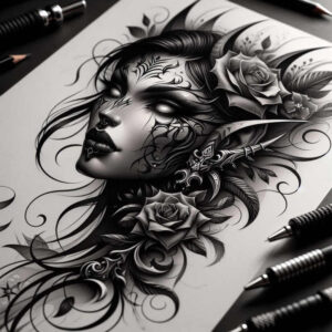 colored-face – tattoo design ideas free ai generated – neotraditional-bright-color – for-ribs – Gallery: faces-inkby-ai