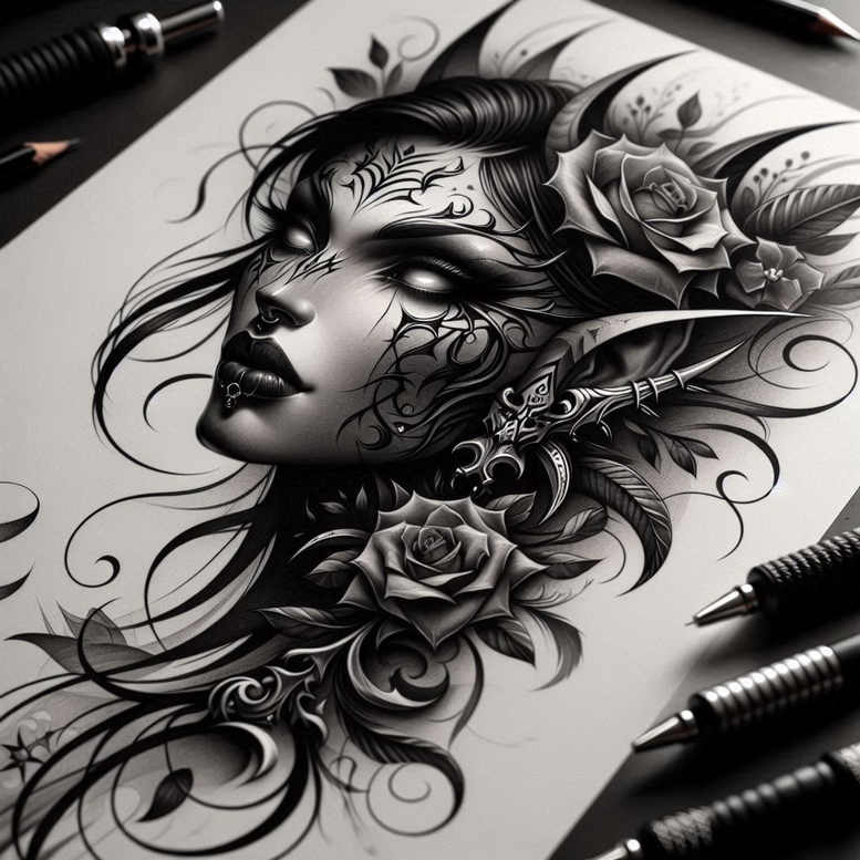 colored-face – tattoo design ideas free ai generated – neotraditional-bright-color – for-ribs – Gallery: faces-inkby-ai