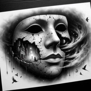 crowned-face – tattoo design ideas free ai generated – neotraditional-bold-texture – for-back-shoulder – Gallery: faces-inkby-ai