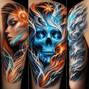 crowned-face – tattoo design ideas free ai generated – neotraditional-clean-fill – for-arm – Gallery: faces-inkby-ai