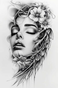crowned-face – tattoo design ideas free ai generated – neotraditional-clean-fill – for-spine – Gallery: faces-inkby-ai