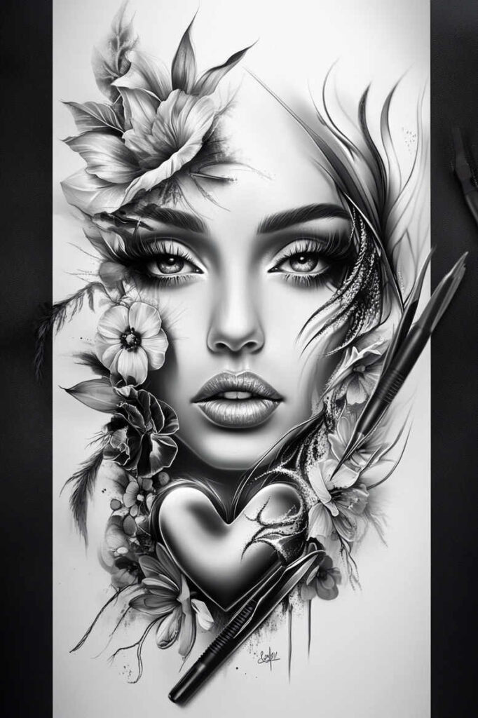 crowned-face – tattoo design ideas free ai generated – neotraditional-refined-detail – for-behind-ear – Gallery: faces-inkby-ai