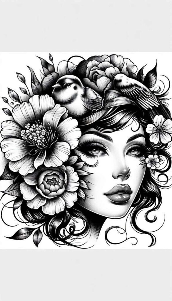 crowned-face – tattoo design ideas free ai generated – neotraditional-rich-blacks – for-side – Gallery: faces-inkby-ai
