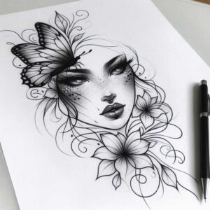 crowned-face – tattoo design ideas free ai generated – realism-focal-blur – for-behind-ear – Gallery: faces-inkby-ai