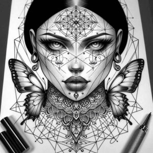 crowned-face – tattoo design ideas free ai generated – surrealism-whimsical – for-shoulder-blade – Gallery: faces-inkby-ai