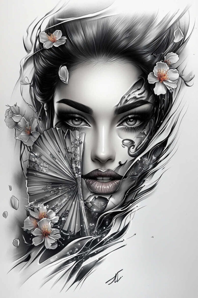 delicate-face – tattoo design ideas free ai generated – neotraditional-smooth-gradients – for-neck – Gallery: faces-inkby-ai