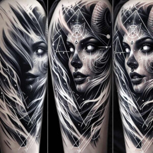 delicate-face – tattoo design ideas free ai generated – neotraditional-strong-contrast – for-lower-chest – Gallery: faces-inkby-ai