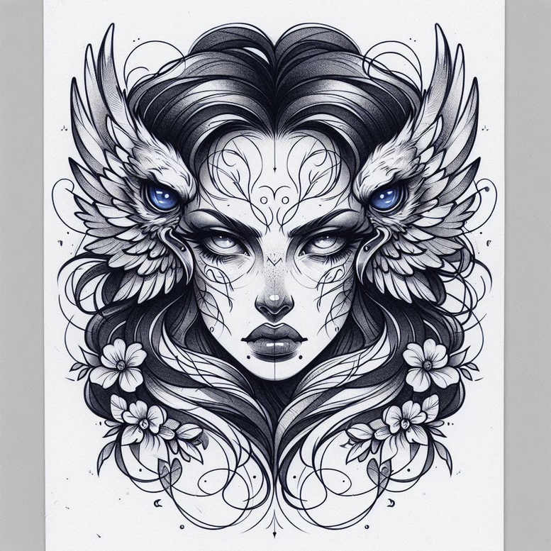delicate-face – tattoo design ideas free ai generated – realism-optical-depth – for-upper-chest – Gallery: faces-inkby-ai