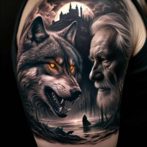 detailed-visage-for-men – tattoo design ideas free ai generated – neotraditional-enhanced-shading – for-upper-chest – Gallery: faces-inkby-ai