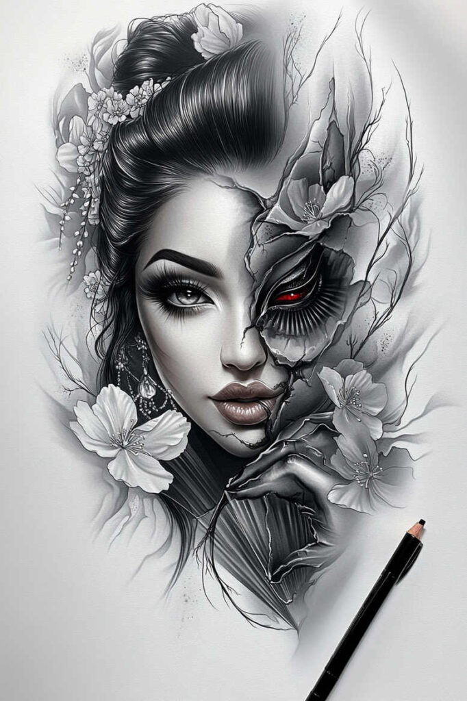 detailed-visage-for-men – tattoo design ideas free ai generated – surrealism-timeless – for-heel – Gallery: faces-inkby-ai