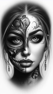detailed-visage – tattoo design ideas free ai generated – neotraditional-dynamic-composition – for-nape – Gallery: faces-inkby-ai