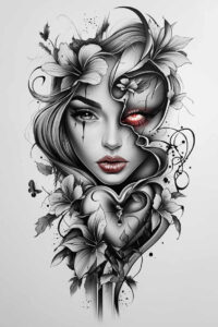 emotional-face – tattoo design ideas free ai generated – neotraditional-layered-fill – for-sternum – Gallery: faces-inkby-ai