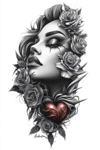 emotional-face – tattoo design ideas free ai generated – neotraditional-saturated-hues – for-nape – Gallery: faces-inkby-ai