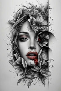 emotive-face – tattoo design ideas free ai generated – neotraditional-detailed-linework – for-lower-thigh – Gallery: faces-inkby-ai