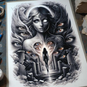 emotive-face – tattoo design ideas free ai generated – realism-contrast-play – for-shoulder-blade – Gallery: faces-inkby-ai