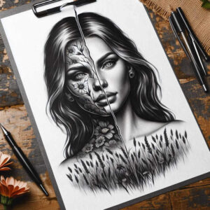 expressive-face – tattoo design ideas free ai generated – realism-textured-light – for-collarbone – Gallery: faces-inkby-ai