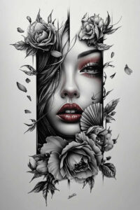 expressive-visage – tattoo design ideas free ai generated – neotraditional-clear-lines – for-behind-ear – Gallery: faces-inkby-ai