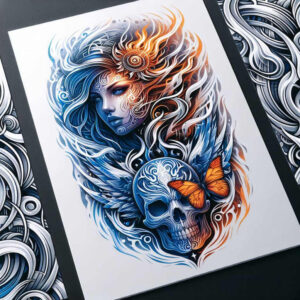 expressive-visage – tattoo design ideas free ai generated – neotraditional-layered-fill – for-collarbone – Gallery: faces-inkby-ai