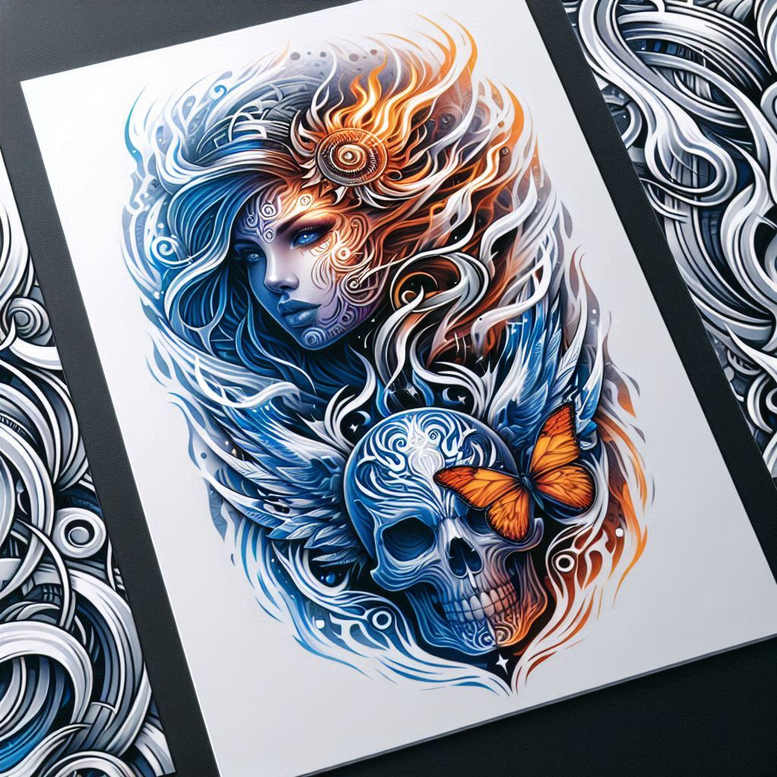 expressive-visage – tattoo design ideas free ai generated – neotraditional-layered-fill – for-collarbone – Gallery: faces-inkby-ai