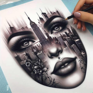 expressive-visage – tattoo design ideas free ai generated – realism-clean-background – for-lower-chest – Gallery: faces-inkby-ai