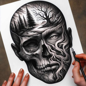 expressive-visage – tattoo design ideas free ai generated – surrealism-juxtaposition – for-elbow – Gallery: faces-inkby-ai