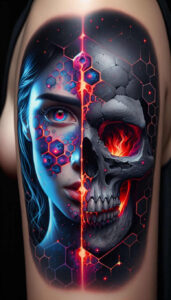 face-and-eyes – tattoo design ideas free ai generated – neotraditional-artful-color – for-upper-thigh – Gallery: faces-inkby-ai