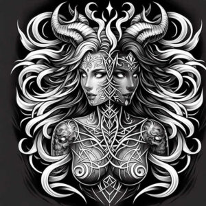 face-and-eyes – tattoo design ideas free ai generated – neotraditional-layered-fill – for-neck – Gallery: faces-inkby-ai
