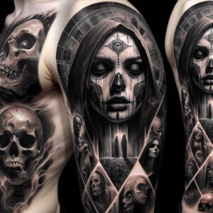 face-and-mouth – tattoo design ideas free ai generated – neotraditional-refined-lines – for-back-of-neck – Gallery: faces-inkby-ai