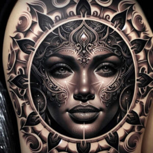 face-with-eyes – tattoo design ideas free ai generated – neotraditional-color-depth – for-abdomen – Gallery: faces-inkby-ai