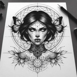 face-with-eyes – tattoo design ideas free ai generated – neotraditional-subtle-tone – for-lower-thigh – Gallery: faces-inkby-ai