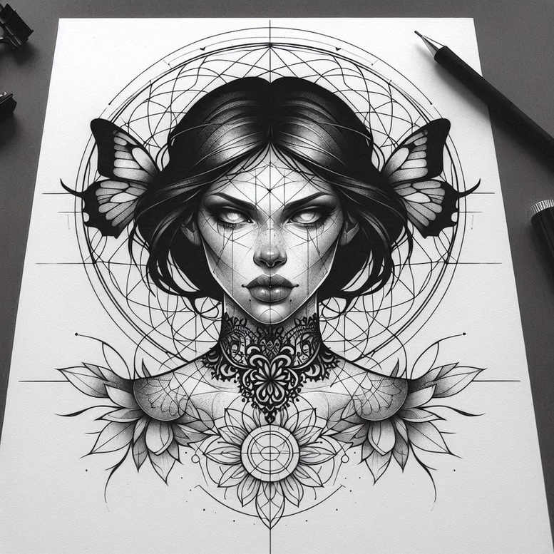 face-with-eyes – tattoo design ideas free ai generated – neotraditional-subtle-tone – for-lower-thigh – Gallery: faces-inkby-ai