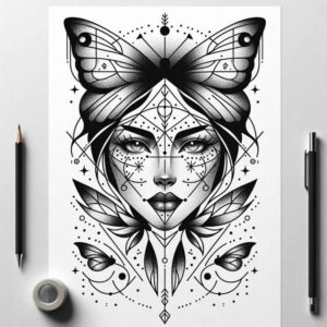 face-with-halo – tattoo design ideas free ai generated – neotraditional-bold-texture – for-calf – Gallery: faces-inkby-ai