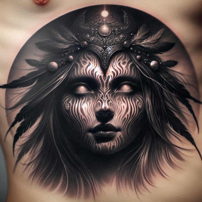 face-with-halo – tattoo design ideas free ai generated – neotraditional-smooth-gradients – for-collarbone – Gallery: faces-inkby-ai