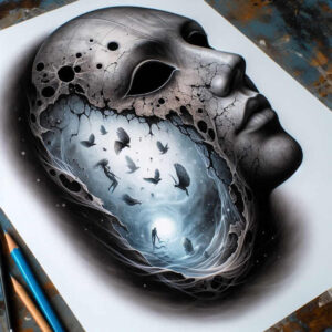 face-with-halo – tattoo design ideas free ai generated – neotraditional-solid-blacks – for-hip – Gallery: faces-inkby-ai